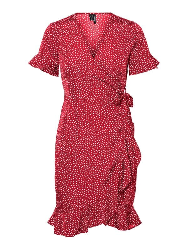 Vero Moda Henna Short Sleeve Wrap Frill Dress - Rød - Størrelse 34 - Recyclingmateriale