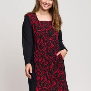 Pont Neuf Sort/Rød viskose kjole med flot print, 48-50 / XL