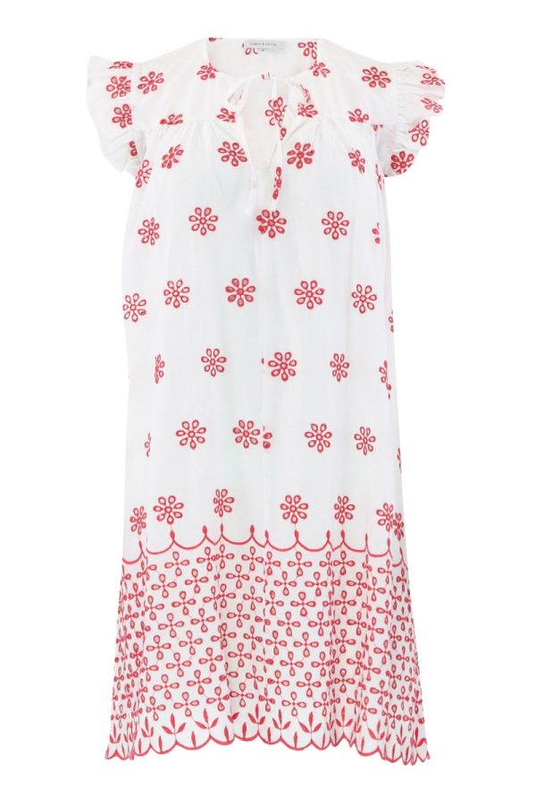 Continue - Kjole - Lilly Dress Embrodery - White With Red Embrodery