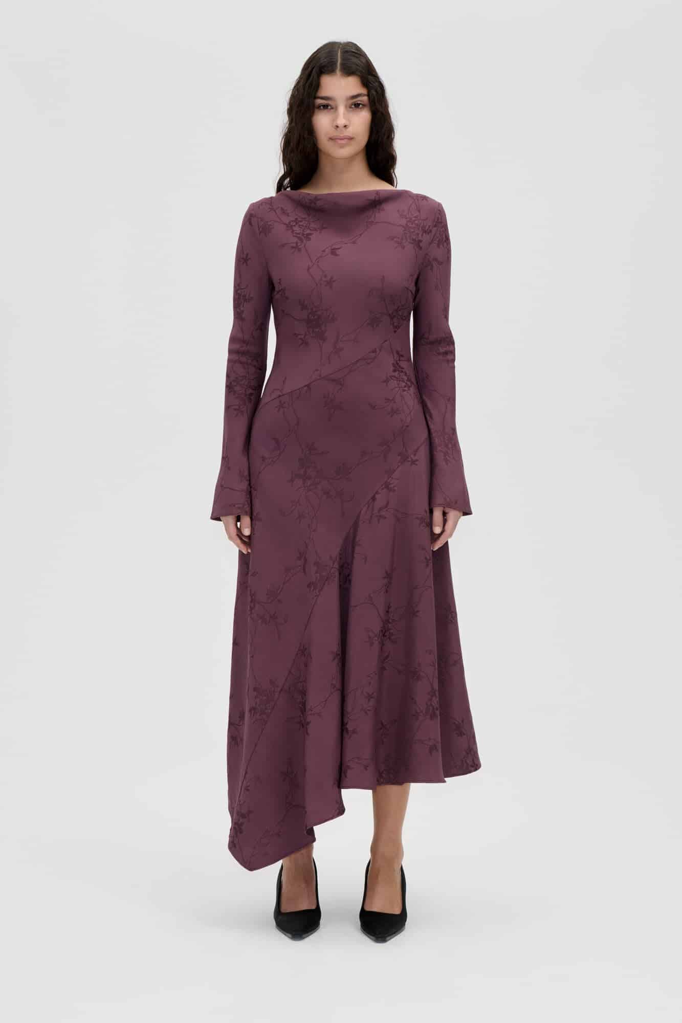 2548 Fluid Jacquard, Long Sleeve Scoop Back Dress